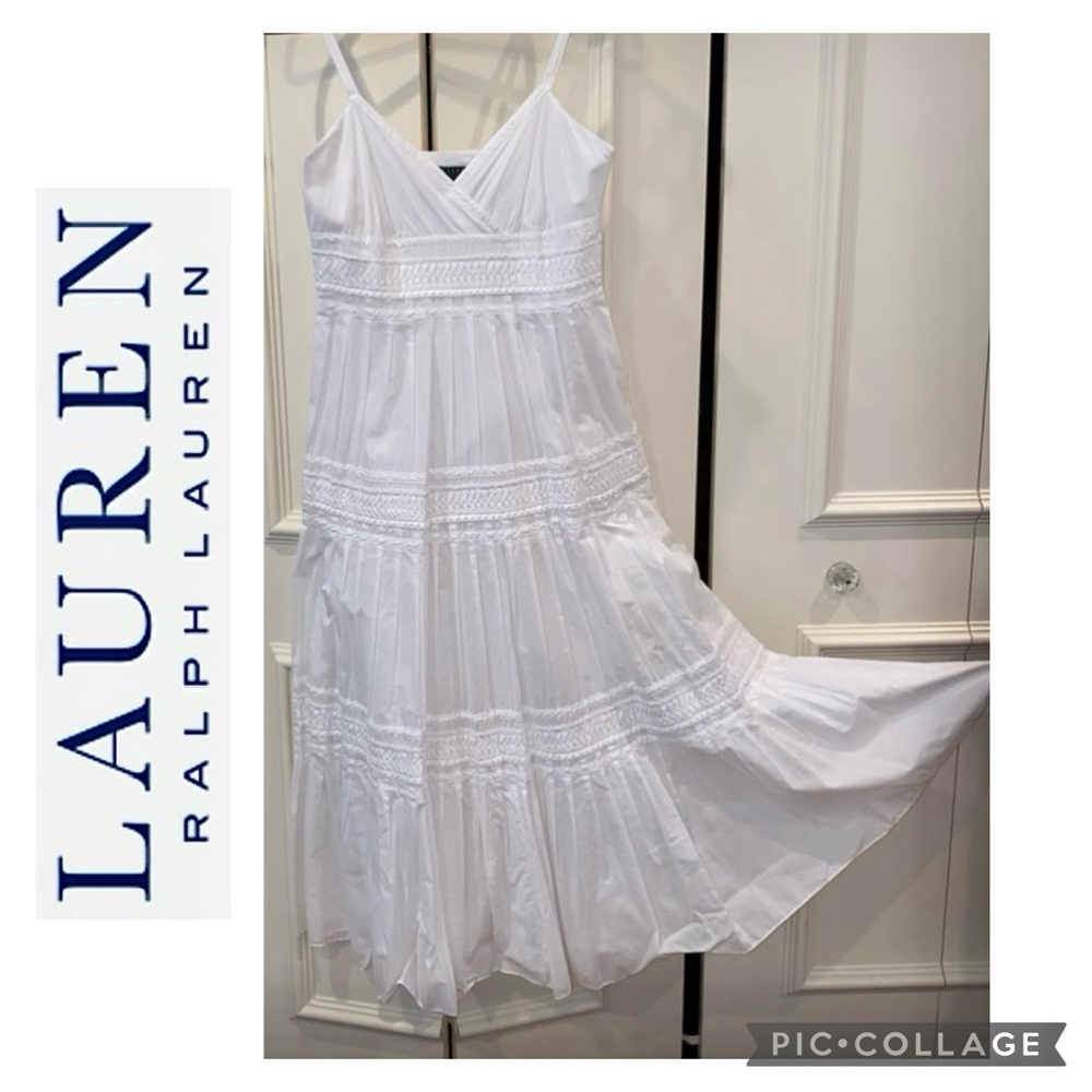 Lauren by Ralph Lauren V-Neck White Cotton Pleated Ruffle Accents Maxi Dress